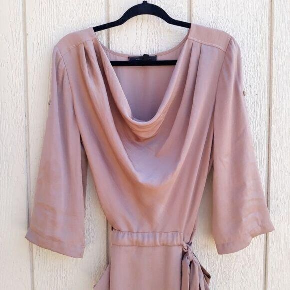 BCBGMaxAzria Alex Cowl Neck Dress Short Sleeve Belted Peasant Satin Rose Gold M - Picture 7 of 14